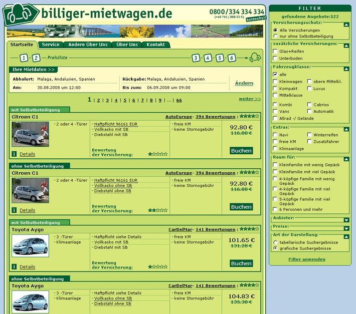 Neue Buchungsmaschine von billiger-mietwagen.de - mehr Überblick bei der Auswahl von Mietwagen