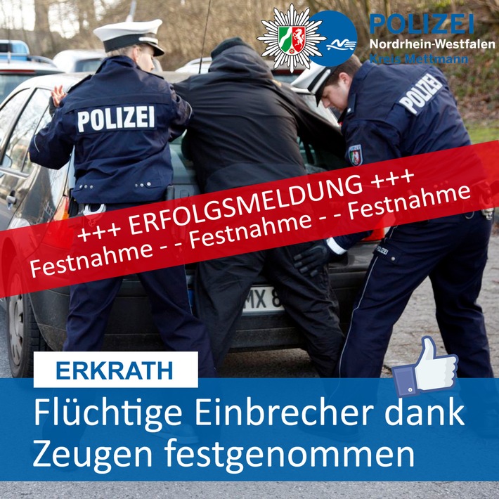 POL-ME: Einbrecher dank aufmerksamem Zeugen auf der Flucht festgenommen - Erkrath - 2002121