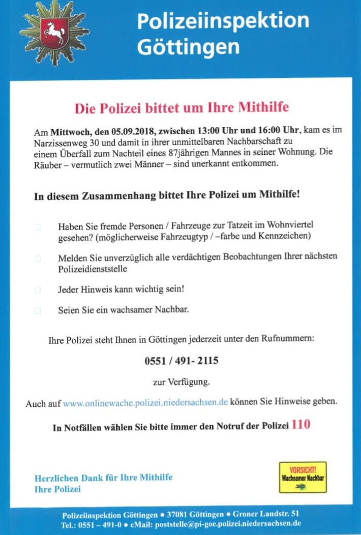 POL-GÖ: (486/2018) Göttingen:  87 Jahre alter Senior nach schwerem Raub verstorben, Polizei richtet zehnköpfige Ermittlungsgruppe im Zentralen Kriminaldienst ein