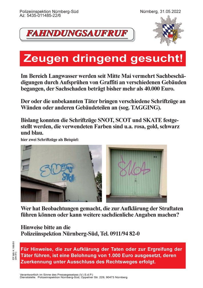 POL-MFR: (688) Zahlreiche Graffiti angebracht - Polizei sucht Zeugen und hat Belohnung ausgesetzt