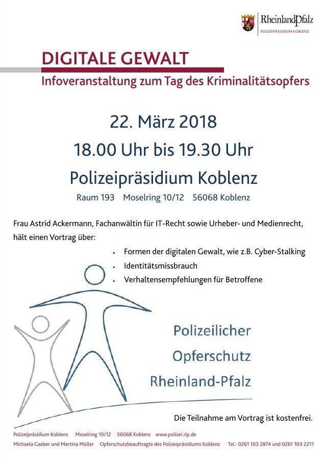 POL-PPKO: Koblenz: &quot;Tag des Kriminalitätsopfers&quot; 2018 - Polizeipräsidium lädt zur Infoveranstaltung &quot;Digitale Gewalt&quot; ein