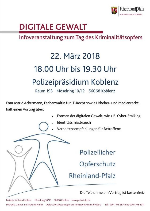 POL-PPKO: Koblenz: "Tag des Kriminalitätsopfers" 2018 - Polizeipräsidium lädt zur Infoveranstaltung "Digitale Gewalt" ein