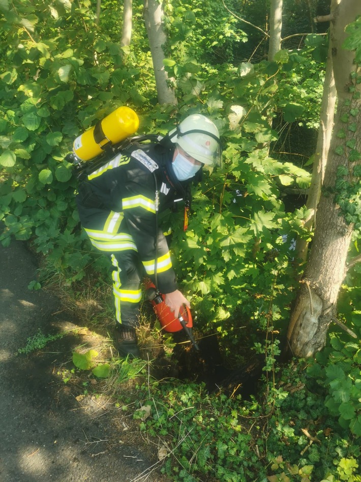 FW-WRN: FEUER_1 - LZ1 - Brennt Baumstumpf am Eingang Solebad