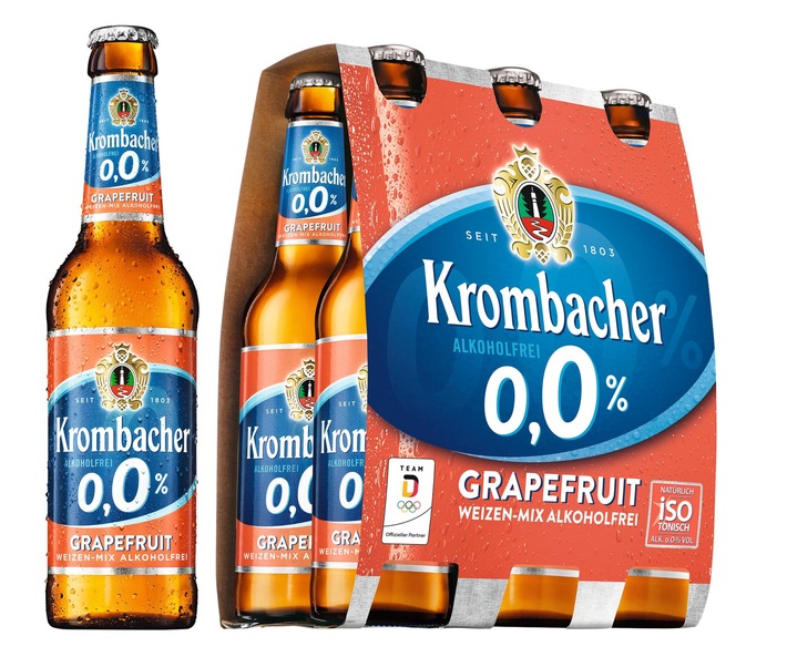 Krombacher forciert weiter das Angebot an alkoholfreien Produkten / Der natürliche Durstlöscher Krombacher o,0% jetzt auch als Grapefruit Weizen-Mix