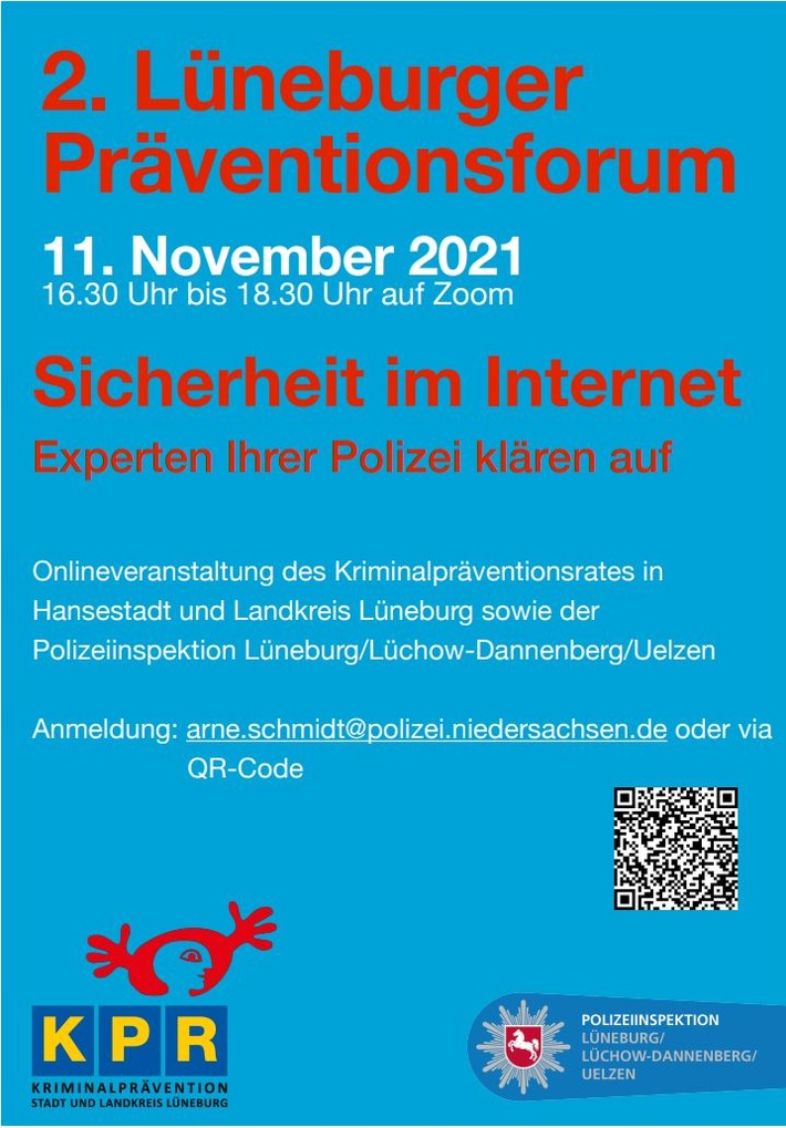 POL-LG: ++ "schnelle Anmeldung erforderlich! -> 2.Lüneburger Präventionsforum als Online-Veranstaltung am 11.11.21 ++ "Sicherheit im Internet - Experten Ihrer Polizei klären auf" ++