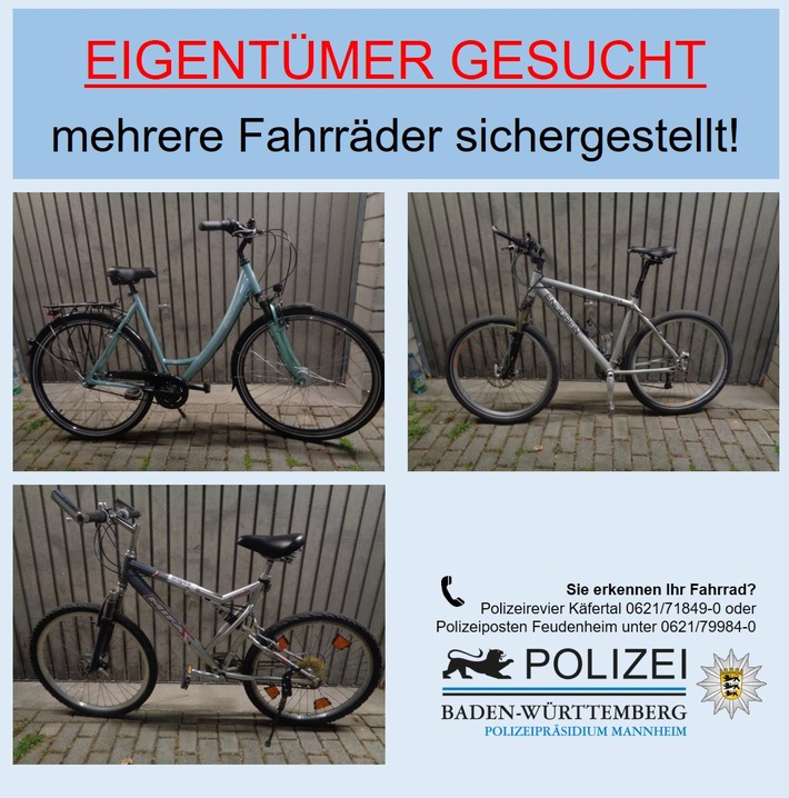 POL-MA: Mannheim: Drei Fahrräder sichergestellt - Eigentümer gesucht