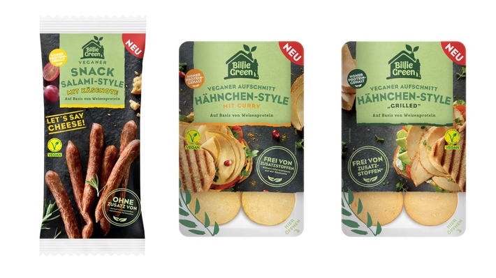 Hähnchen-Style oder Salami-Snack? Hauptsache lecker und vegan! / Billie Green präsentiert neue Aufschnitt-Sorten und deftigen Snack