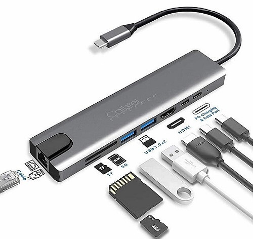 Anschlussmöglichkeiten an Laptop, PC &amp; Tablet-PC erweitern: Callstel 8in1-USB-C-Adapter, 4K-HDMI mit 60 Hz, 87 Watt, PD, USB 3.0, RJ45, SD-Slot