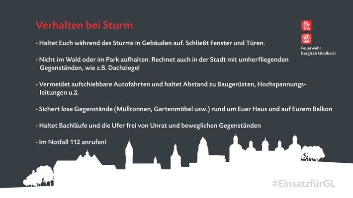 FW-GL: Unwetterwarnung der Stadt Bergisch Gladbach