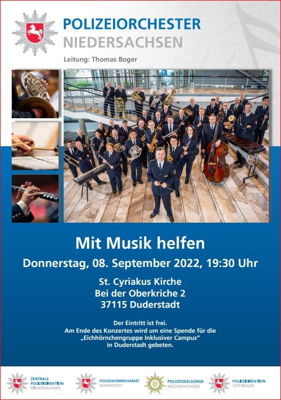 POL-GÖ: (362/2022) Mit Musik helfen - Benefizkonzert des Polizeiorchester Niedersachsen am 08. September in Duderstadt, Eintritt frei!