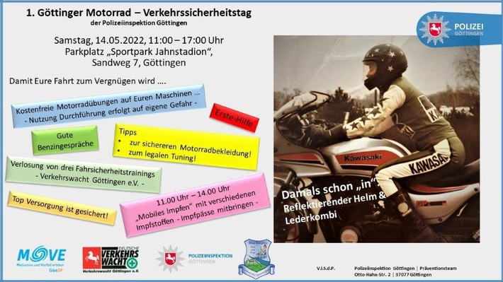 POL-GÖ: (190/2022) Polizeiinspektion Göttingen veranstaltet &quot;1. Göttinger Motorrad - Verkehrssicherheitstag&quot; - Informatives Programm am 14. Mai am Jahnstadion