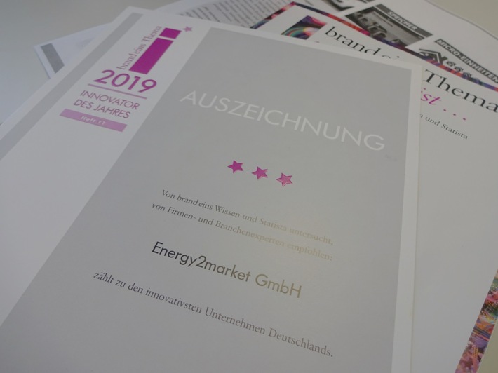 &quot;Innovator des Jahres&quot;: Energy2market in der bundesweiten Energiebranche vorn - Auszeichnung für Leipziger Energievermarkter durch renommiertes Wirtschaftsmagazin brand eins und Statista