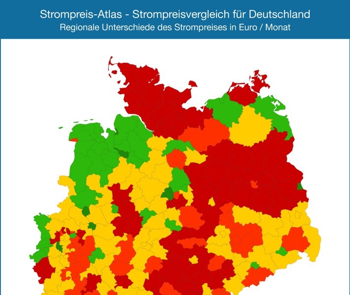 Der Strompreis - Atlas visualisiert deutschlandweit die aktuellen monatlichen Strompreise für 6400 Städte, Landkreise und kreisfreie Städte. Die Strompreise sind farblich unterschiedlich dargestellt (rot = teuer, grün = günstig), so dass die Karte auf einen Blick zeigt, wo Strom in Deutschland eher günstig oder teurer ist. Grundlage ist ein Jahresverbrauch von 3500 kWh.  Die Verwendung dieses Bildes ist für redaktionelle Zwecke honorarfrei. Veröffentlichung bitte unter Quellenangabe: "obs/Stromauskunft.de/StromAuskunft.de / Heidjann GmbH" Weiterer Text über ots und www.presseportal.de/nr/58601 / Die Verwendung dieses Bildes ist für redaktionelle Zwecke honorarfrei. Veröffentlichung bitte unter Quellenangabe: "obs/Stromauskunft.de/StromAuskunft.de / Heidjann GmbH"