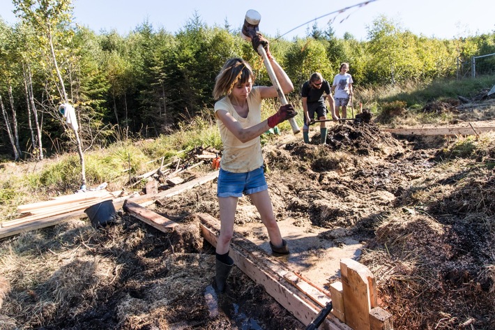 Fast 40 Freiwillige mit dem Bergwaldprojekt e.V. bei der Moorwiedervernässung in Kell am See im Einsatz