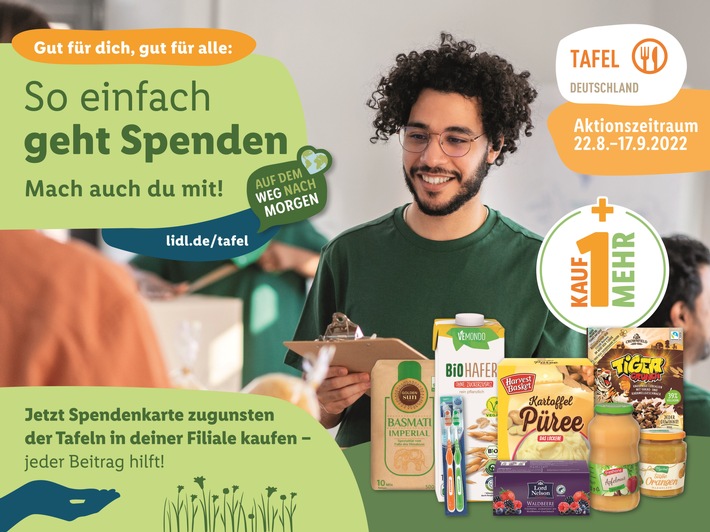 An die Tafeln spenden und gemeinsam Gutes tun: Lidl startet 4. bundesweite &quot;Kauf-1-mehr&quot;-Aktion / Ganz einfach Spendenkarten erwerben und die Tafeln unterstützen