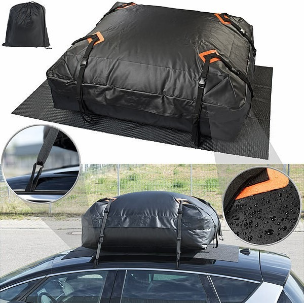 Lescars Wasserdichte Dachtasche aus reißfester PVC-Plane mit Matte, 425 Liter: Zusätzlicher Stauraum auf Urlaubsfahrten &amp; Camping-Ausflügen