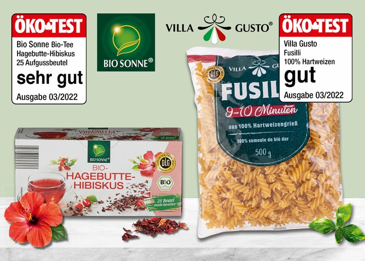 NORMA erhält bei ÖKO-TEST im März 2022 erneut Top-Noten / BIO SONNE Früchtetee und VILLA GUSTO Fusilli wissen zu überzeugen