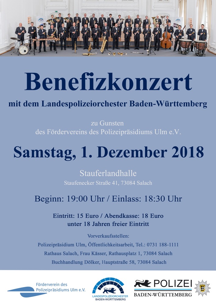 POL-UL: (BC, GP, HDH, UL) Salach -  Mit dem guten Ton der Polizei in die Vorweihnachtszeit. / Am 1.Dezember musiziert das Landespolizeiorchester Baden - Württemberg in Salach.