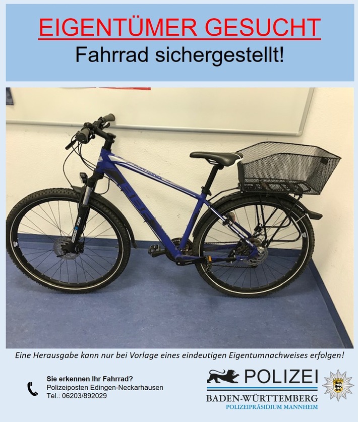 POL-MA: Mannheim-Friedrichsfeld: Fahrrad sichergestellt - Eigentümer/in gesucht