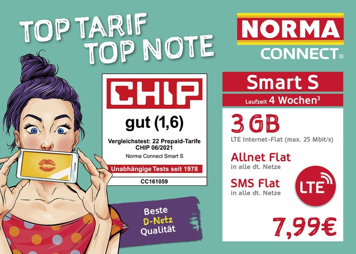 NORMA Connect "Smart S"-Tarif vom Technikmagazin CHIP mit Top-Note ausgezeichnet / 3 GB Datenvolumen und Allnet-Flat in alle deutschen Netze