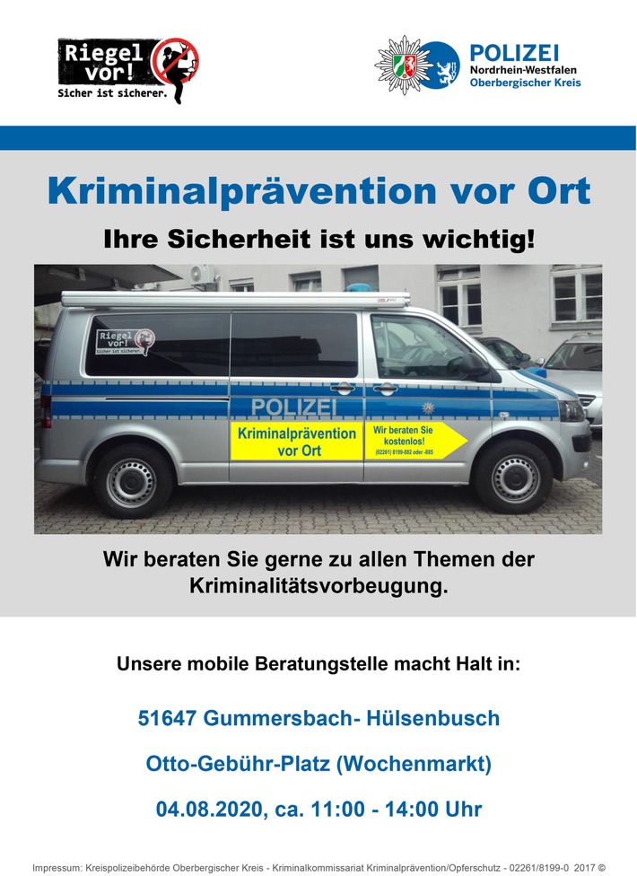 POL-GM: 280720-601: Mobile Beratungsstelle der Polizei - am 4. August in Gummersbach-Hülsenbusch