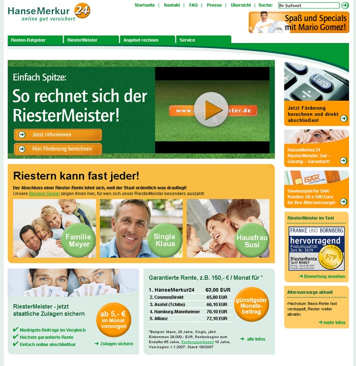 HanseMerkur startet Online-Portal www.riestermeister.de / Bundesweite Werbekampagne mit Nationalspieler Mario Gomez für höchste garantierte Riester-Rente im Markt