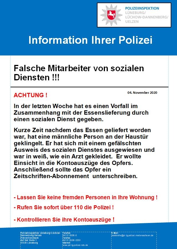 POL-LG: ++ Achtung: Falsche Mitarbeiter von sozialen Diensten! ++ Polizei und Paritätischer Dienst warnen vor Betrügern ++ Info-Flyer für die Haushalte ++