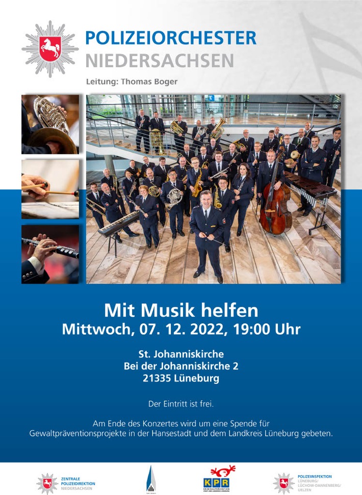 POL-LG: Erinnerung! -> "Mit Musik helfen" ++ traditionelles Adventskonzert des Polizeimusikorchesters in St. Johannis für das "Gewaltpräventionsprojekt" des KPR ++ Mi., 07.12.22 - 19:00 Uhr ++