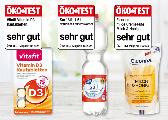 ÖKO-TEST zeichnet Mineralwasser, Cremeseife und Vitamin D mit Bestnote SEHR GUT aus / Dreimal "sehr gut" für NORMA-Produkte in der Ökotest Oktober-Ausgabe