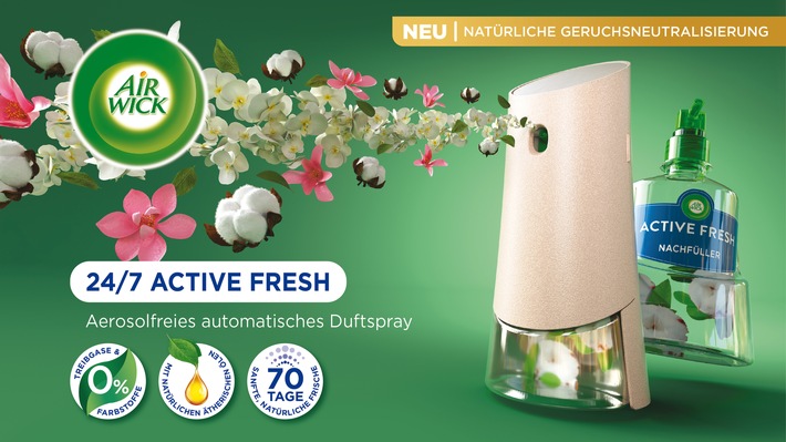 Mit Active Fresh präsentiert Air Wick das erste aerosolfreie automatische Duftspray der Marke