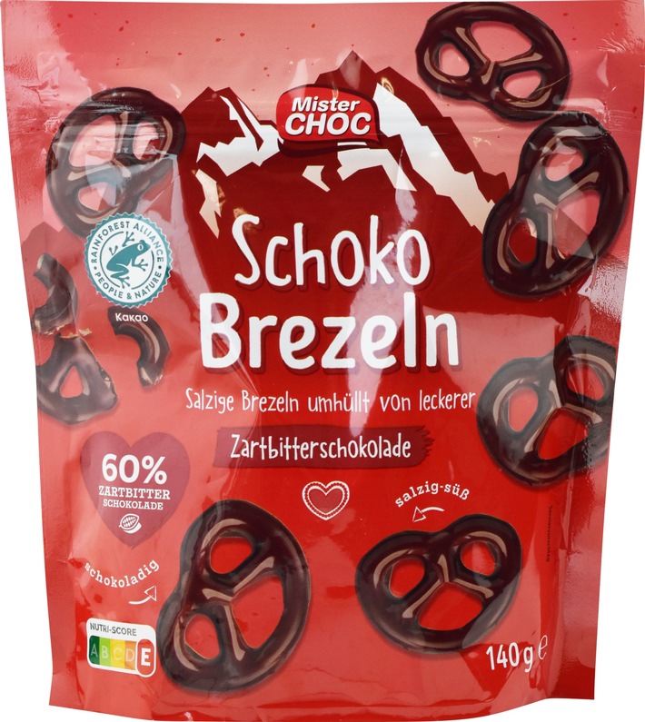 Der ungarische Hersteller Felföldi Édességgyártó Kft. informiert über einen Warenrückruf des Produktes "MisterChoc Schoko Brezeln - salzige Brezeln umhüllt von leckerer Zartbitterschokolade, 140g"