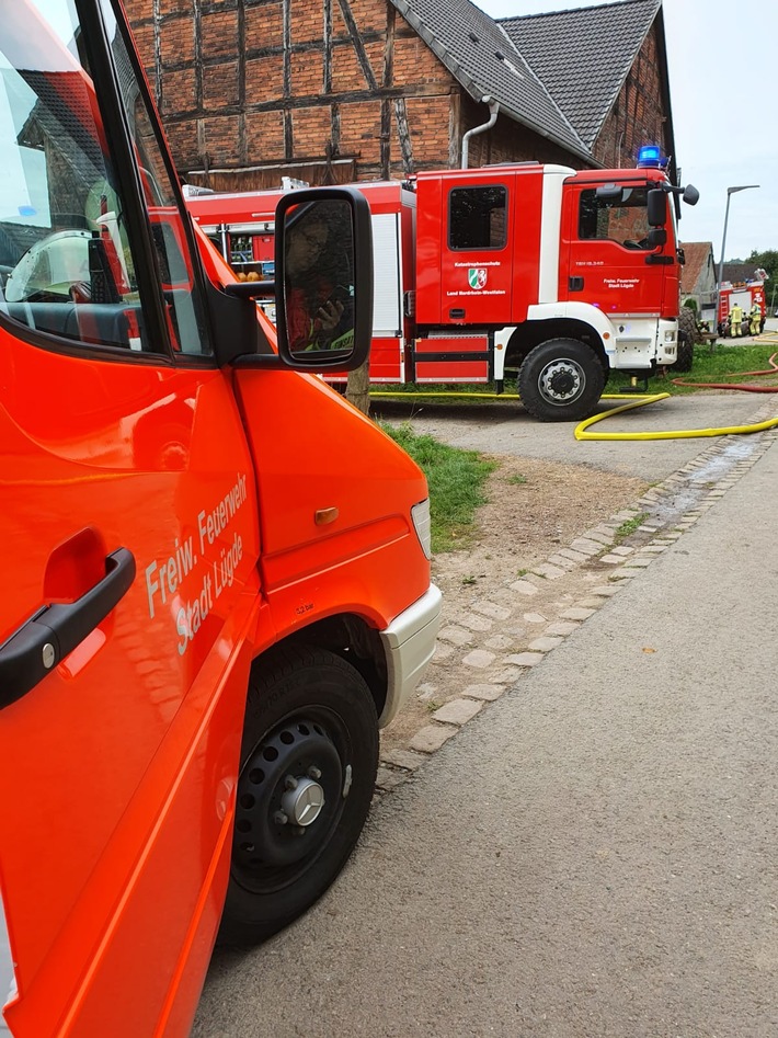 FW Lügde: Stallbrand mit Tieren in Gefahr