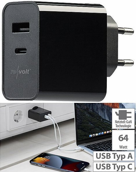 revolt 65 Watt 2-Port-USB-Netzteil, USB-C &amp; Typ A, PD Power Delivery 3.0, GaN: Smartphone, Tablet und vieles mehr schnell und sicher aufladen