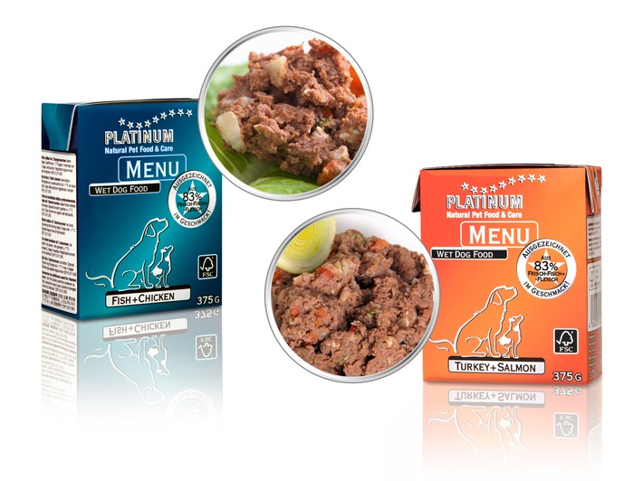 Neu und lecker: Hundenassnahrung "PLATINUM MENU" jetzt mit zwei neuen Geschmacksrichtungen aus 83 % Frischfleisch und Frischfisch