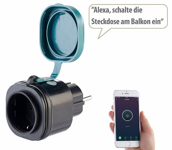 Luminea Home Control Outdoor-WLAN-Steckdose SF-580.out mit Energiekostenmesser, App- & Sprachsteuerung: Licht & Co. im Außenbereich steuern und den Stromverbrauch immer im Blick