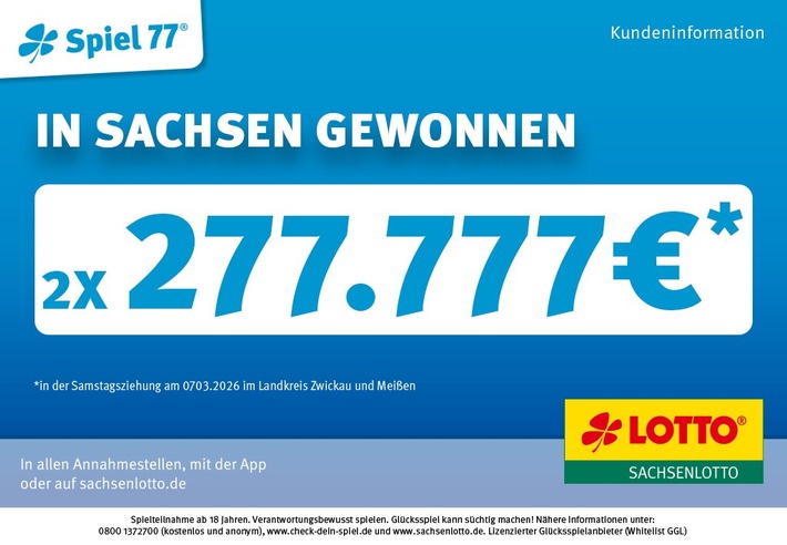 Dreifaches Lotto-Glück: Zweimal 277.777 Euro und 100.000 Euro in Sachsen gewonnen