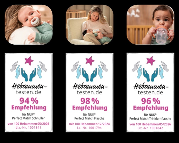 Von Hebammen getestet, von Familien geschätzt / NUK Perfect Match überzeugt im Praxistest - Schnuller, Flasche und Trinklernflasche erhalten Bestnoten