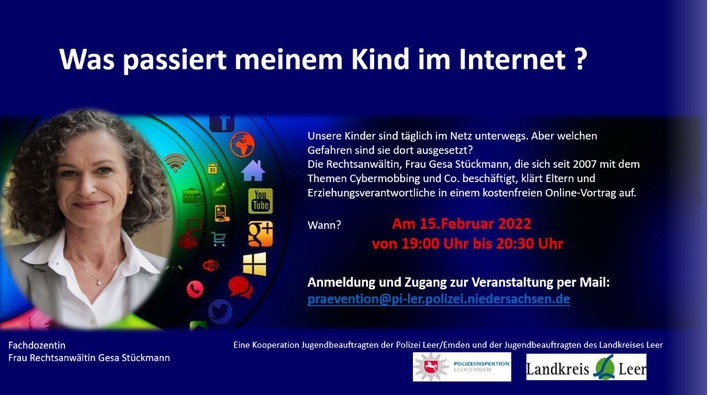 POL-LER: Kostenlose Online-Veranstaltung "Was passiert meinem Kind im Internet" am 15.02.2022 von 19:00 Uhr bis 20:30 Uhr - Anmeldecountdown