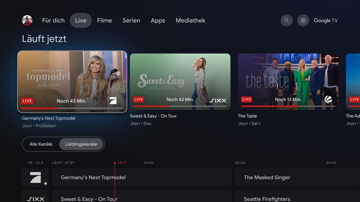 Joyn ist Launch-Partner des neuen Live TV-Tab von Google TV: Das Live-TV-Angebot der Streaming-Plattform ist ab sofort prominent über Google TV auffindbar