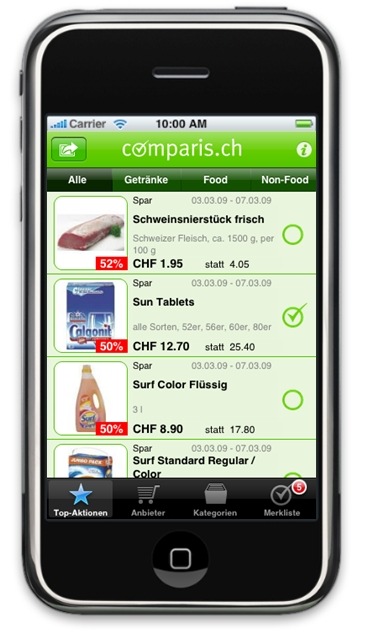 comparis.ch: iPhone-Applikation für Aktionen und Sonderangebote - Das iPhone wird zum Radar für Aktionen