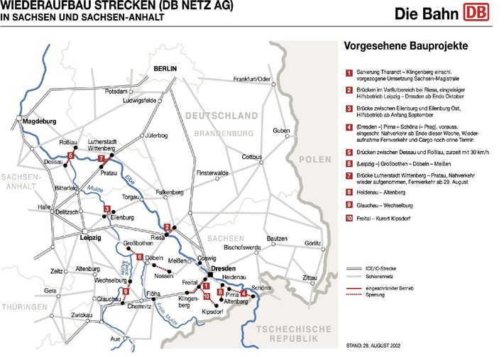 Die Deutsche Bahn informiert zur aktuellen Betriebssituation - Stand:
Mittwoch, 28.08., 09.00 Uhr