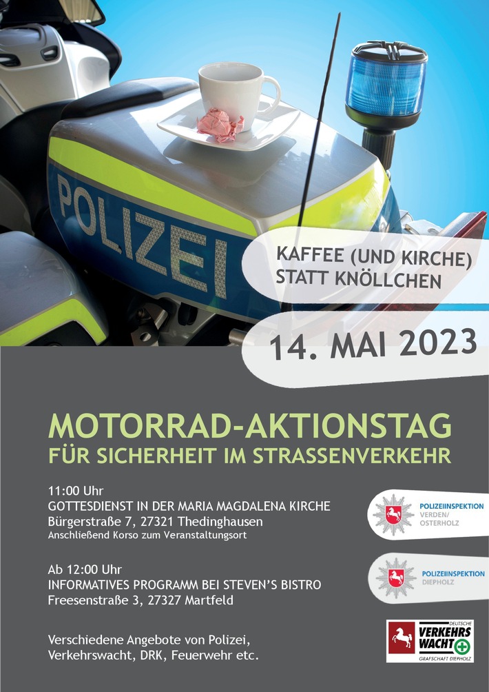 POL-VER: Terminerinnerung: ++ Motorrad-Aktionstag am 14. Mai 2023 unter dem Motto &quot;Kaffee (und Kirche) statt Knöllchen&quot; ++