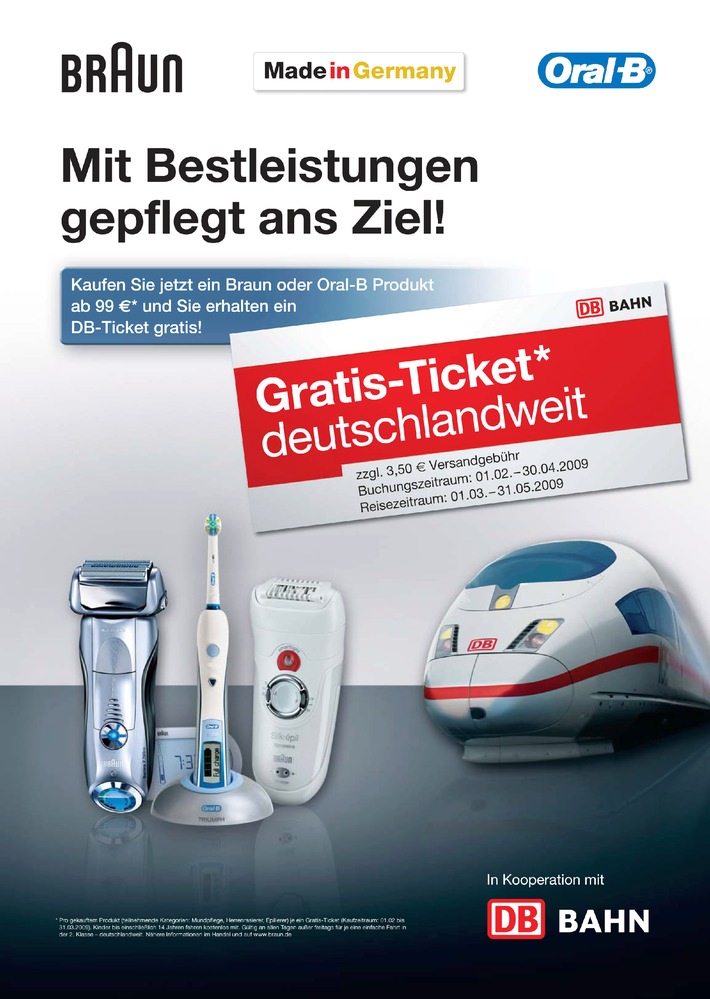 Gepflegt ans Ziel / Ein einmaliges Angebot: Beim Kauf eines Braun- oder Oral-B-Premiumprodukts erhalten Kunden ein Gratis-Ticket der Deutschen Bahn