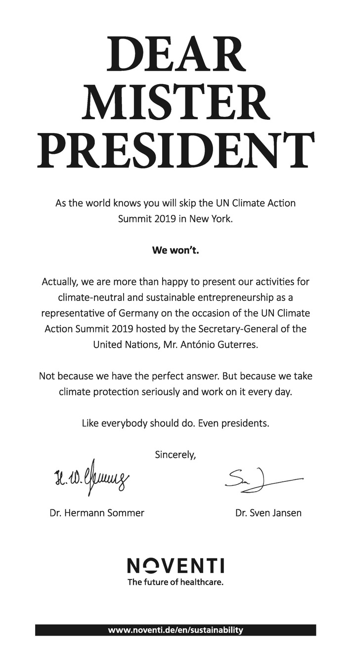 UN-Klimagipfel 2019 - 
NOVENTI Teil der Delegation des Senats der Deutschen Wirtschaft /
 Offener Brief an den Präsidenten der Vereinigten Staaten von Amerika - The New York Times