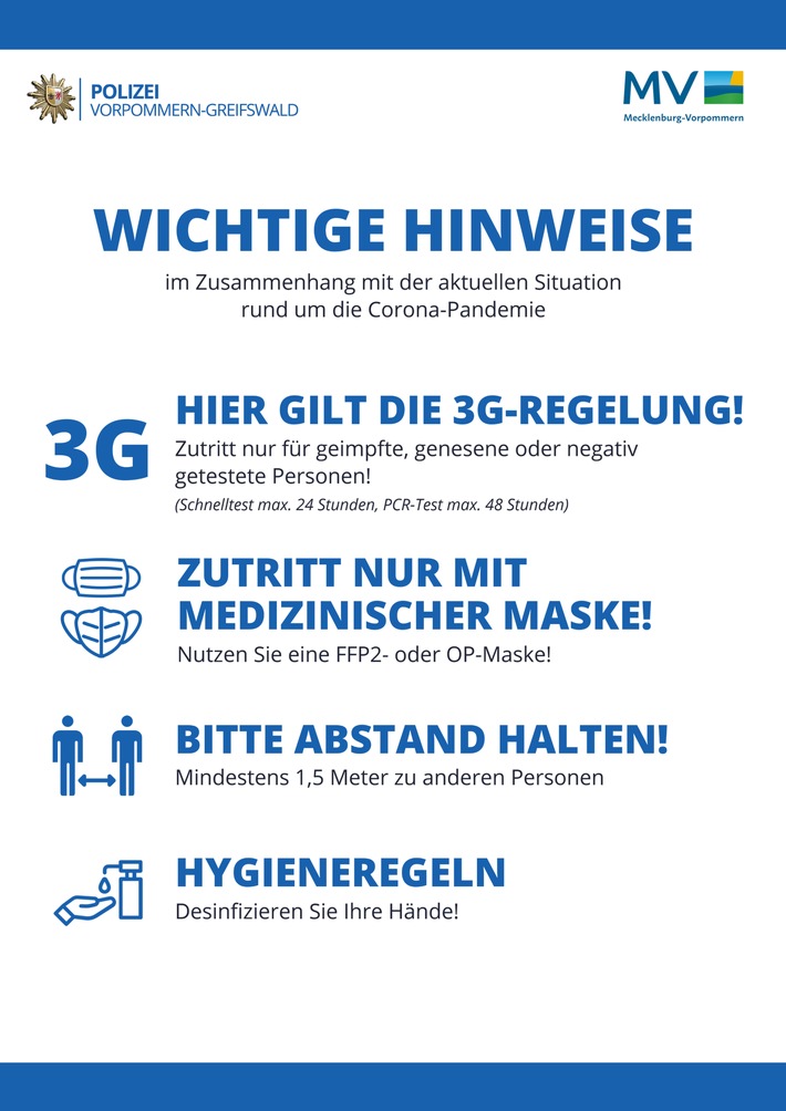 POL-ANK: Zugang zu den Dienststellen der Polizeiinspektion Anklam nur noch nach 3G-Regelung möglich