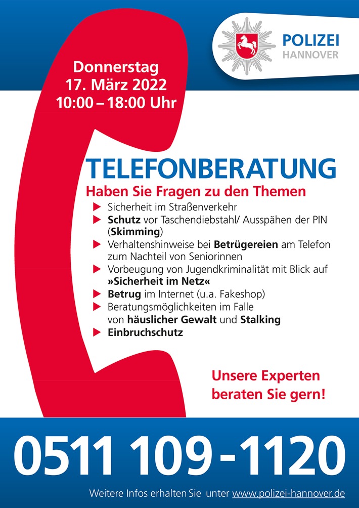 POL-H: Erinnerung - Präventionsangebot: Infotelefon am 17. März 2022