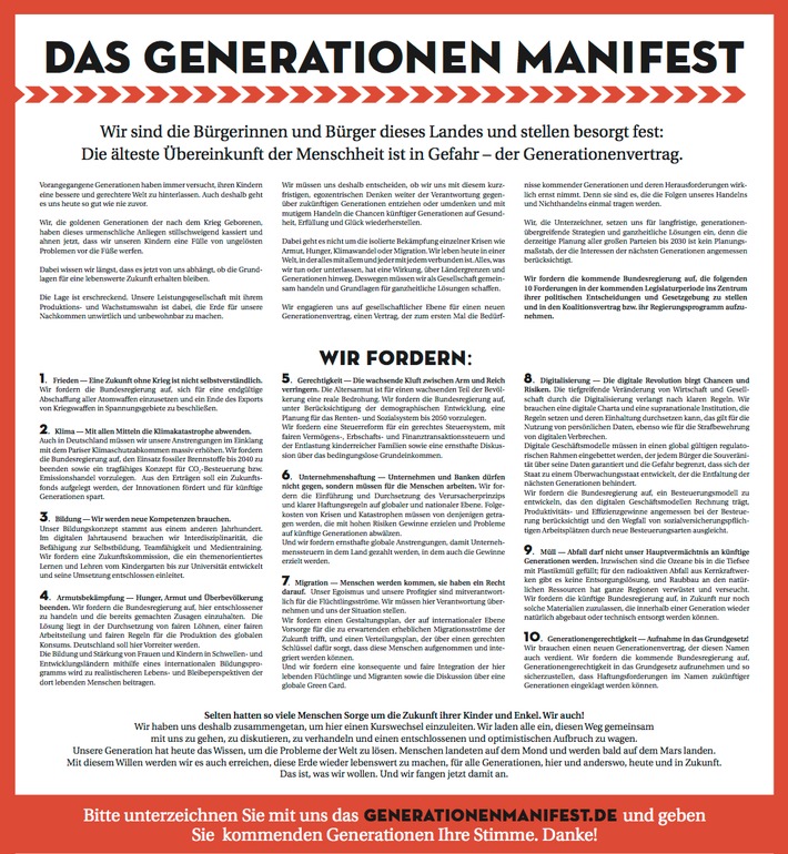 45 Prominente stellen das Generationen Manifest vor und stellen 10 Forderungen an die künftige Bundesregierung