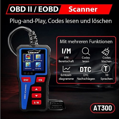 Diagnose-Fehlercodes des Fahrzeugs lesen und löschen: Lescars OBD2-Diagnosegerät OD-430 mit 6,1-cm-TFT-Farbdisplay (2,4"), bis 300 Codes