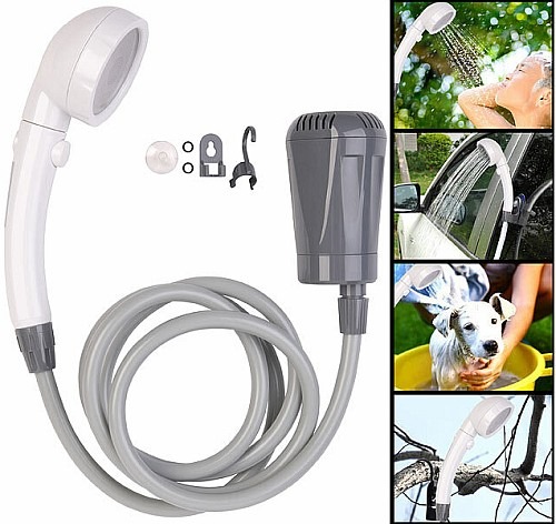 Schnell wieder frisch mit einer Dusche - beim Camping oder nach Outdoor-Aktivitäten: Semptec Urban Survival Technology Akku-Camping-Dusche mit Tauchpumpe &amp; Multi-Brause, 2-m-Schlauch, USB-C