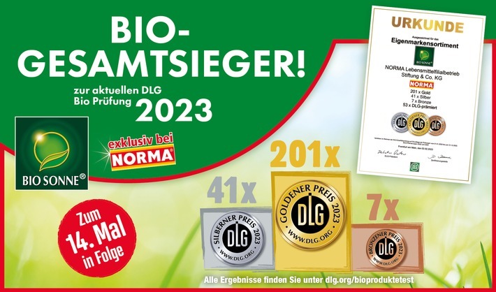 Auch 2023 steht NORMA wieder an der Spitze des DLG-Bio-Rankings. Auf der BIOFACH werden dem Discounter im Februar insgesamt 249 DLG-Medaillen verliehen. / Weiterer Text über ots und www.presseportal.de/nr/62097 / Die Verwendung dieses Bildes für redaktionelle Zwecke ist unter Beachtung aller mitgeteilten Nutzungsbedingungen zulässig und dann auch honorarfrei. Veröffentlichung ausschließlich mit Bildrechte-Hinweis.